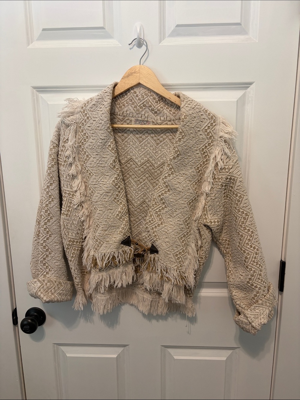 Chunky Textured Knit Fringe Cardigan - Boho Hippie Natural Cottage Core Vintage